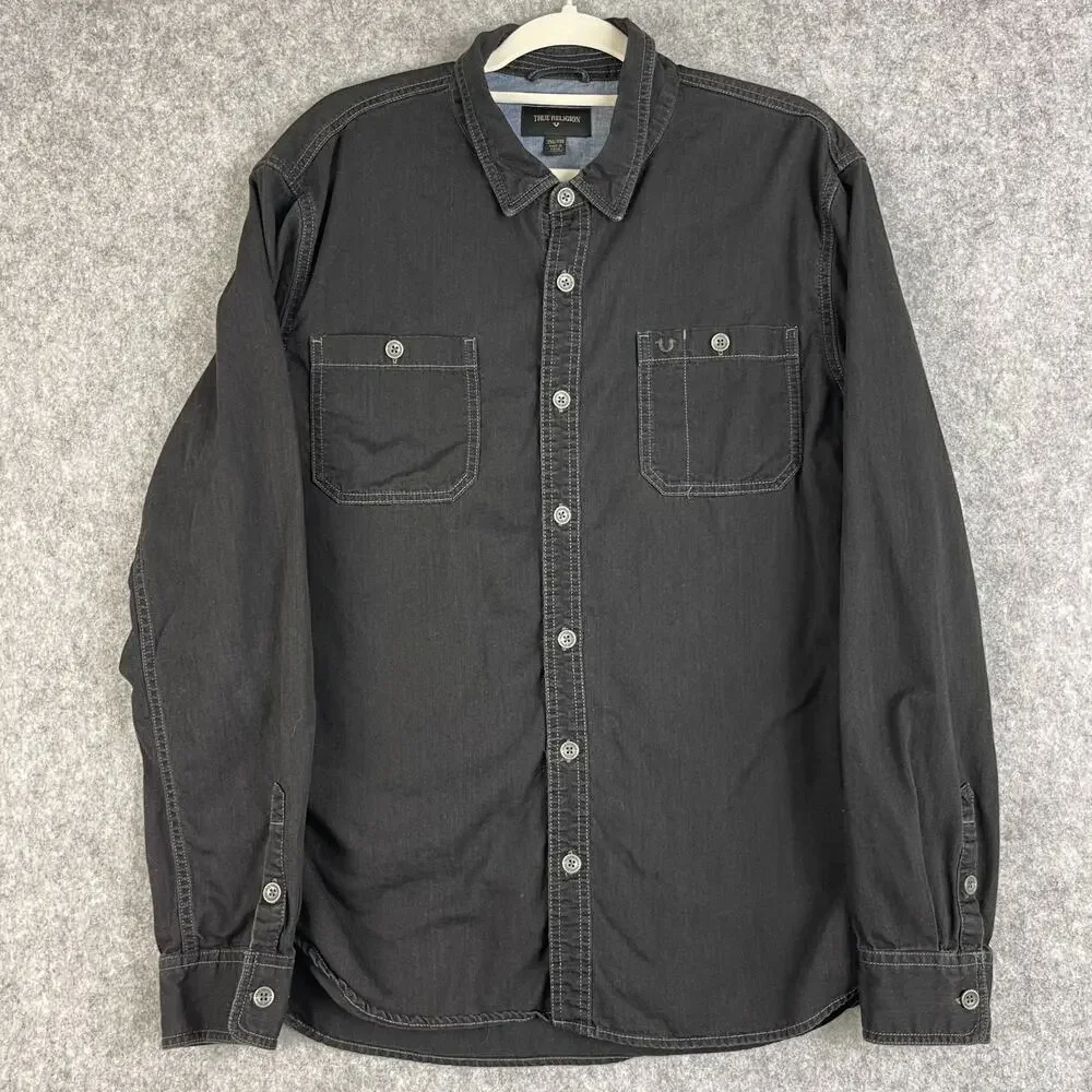 True Religion Heritage‎ Shirt Mens 2XL Black Button Up Long Sleeve Workwear